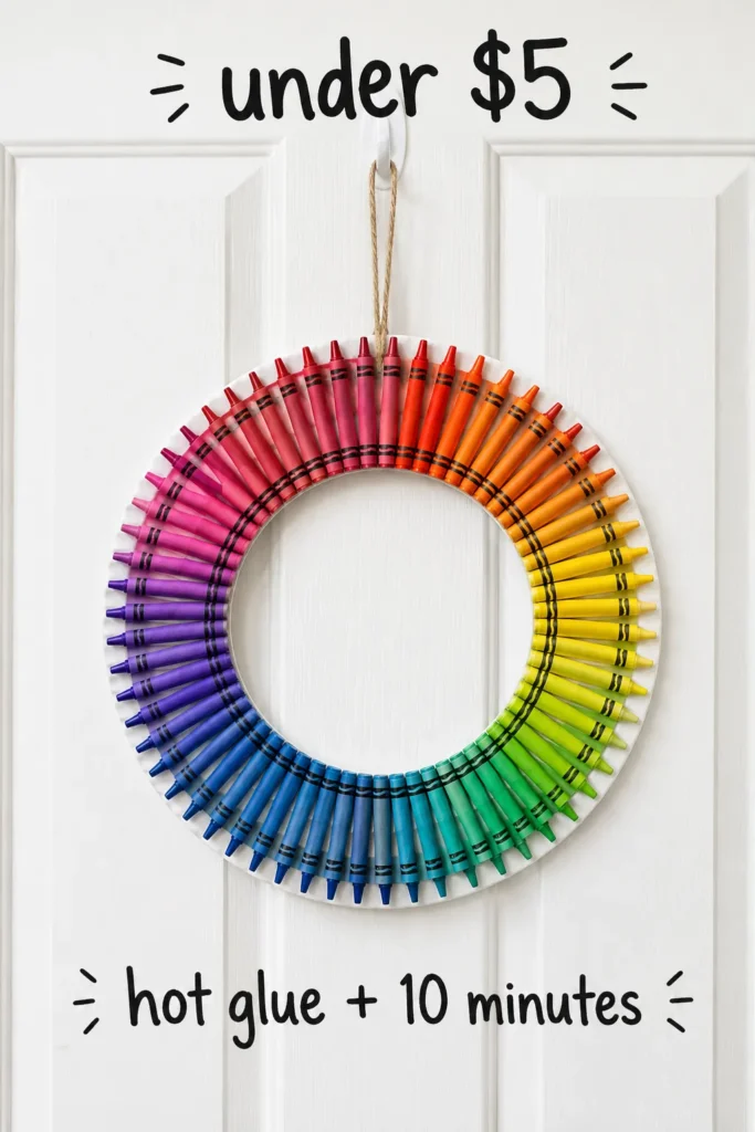 Colorful crayon wreath hanging on white door with rainbow arrangement, text reading under $5 and hot glue plus 10 minutes