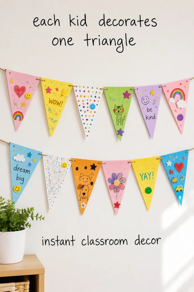 Colorful handmade triangle pennant banner with child-decorated designs including rainbows, hearts, stars, and encouraging words like "be kind" and "dream big