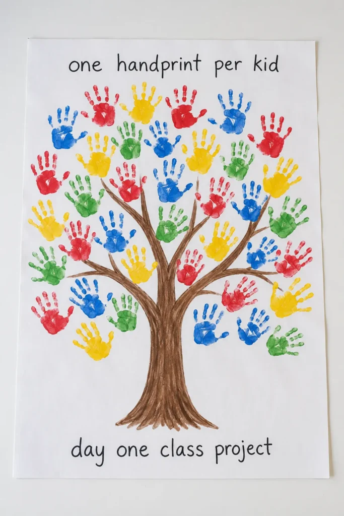 Tree with brown trunk covered in colorful handprints in red, blue, yellow, and green paint, labeled "one handprint per kid day one class project