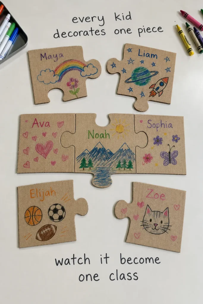 Cardboard puzzle pieces decorated by children with their names and drawings including rainbows, planets, sports, hearts, and cat designs, arranged to form a complete puzzle on white background