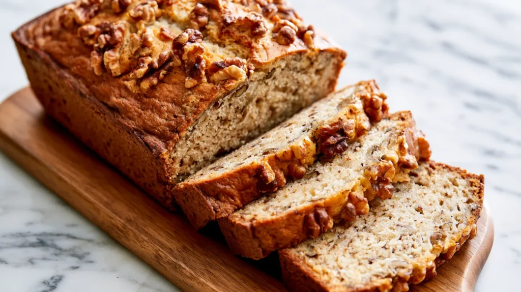 Sliced banana nut bread with pecan topping on a wooden board, showing moist crumb and nutty texture