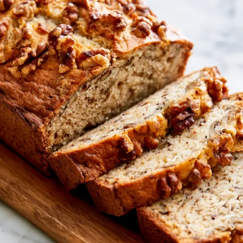 Sliced banana nut bread with pecan topping on a wooden board, showing moist crumb and nutty texture