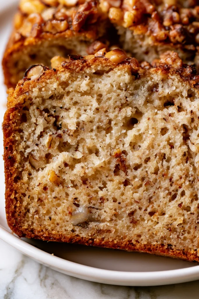 Sliced banana nut bread with crunchy walnut topping on white plate, showing moist crumb texture