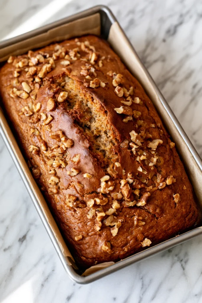 Freshly baked banana nut bread in a loaf pan topped with chopped walnuts on a marble countertop