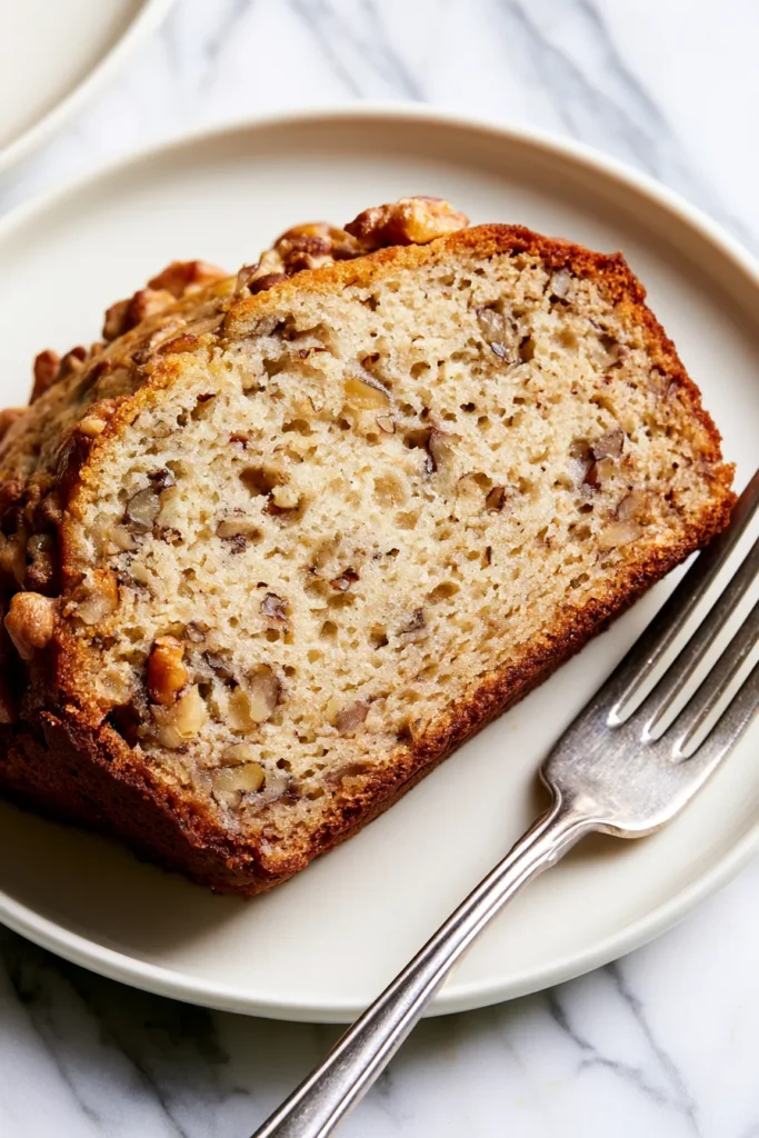 Slice of banana nut bread with walnuts on a white plate with a fork