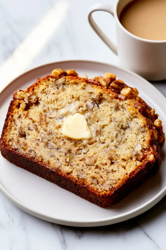 Warm slice of banana nut bread with melting butter on top and a cup of coffee nearby