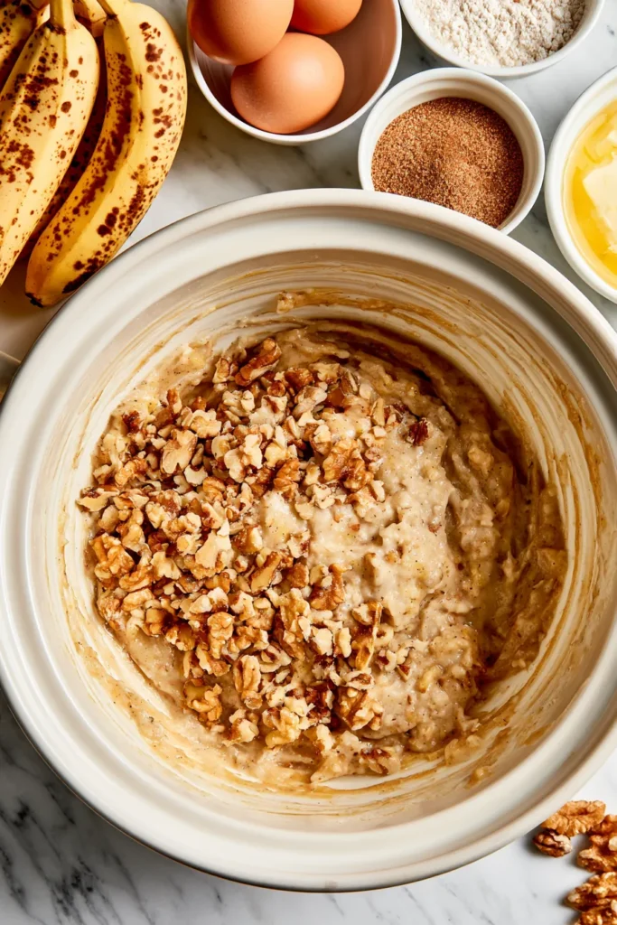Banana nut bread batter with chopped walnuts stirred in, surrounded by ripe bananas, eggs, flour, cinnamon, and melted butter on marble counter