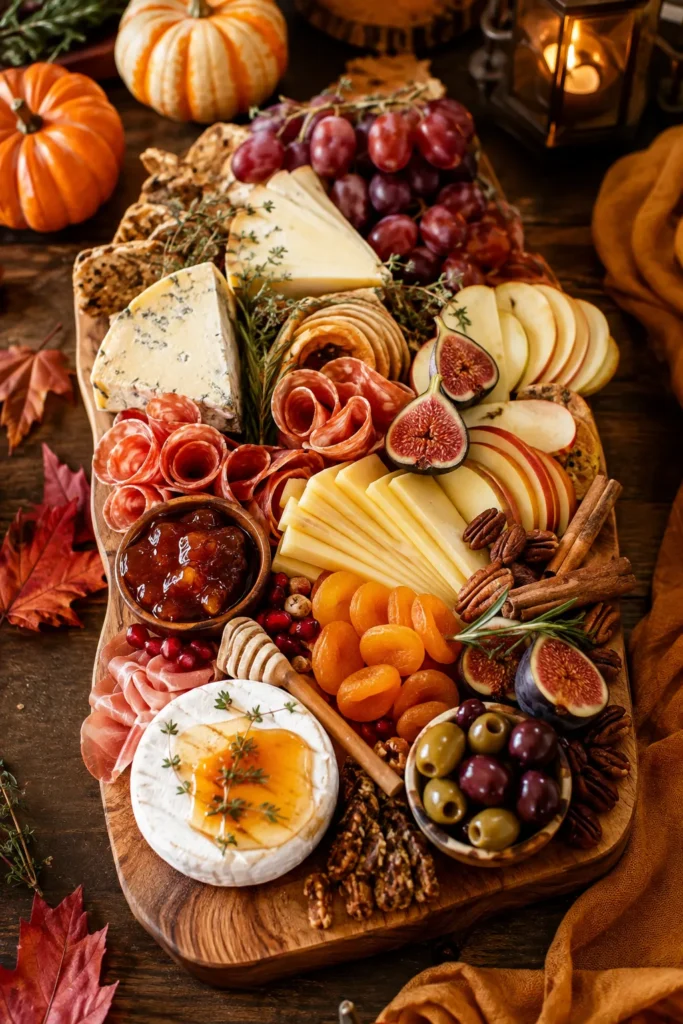 Autumn charcuterie board with blue cheese, cured meats, sliced apples, figs, dried apricots, olives, and jam surrounded by mini pumpkins and fall leaves