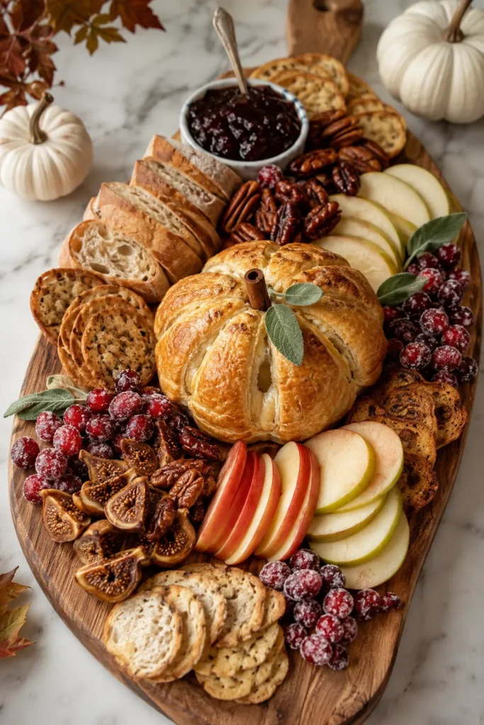 Wooden board with golden puff pastry bread, sliced apples, pecans, dried figs, cranberries, crackers, jam in small bowl, and white decorative pumpkins on marble surface