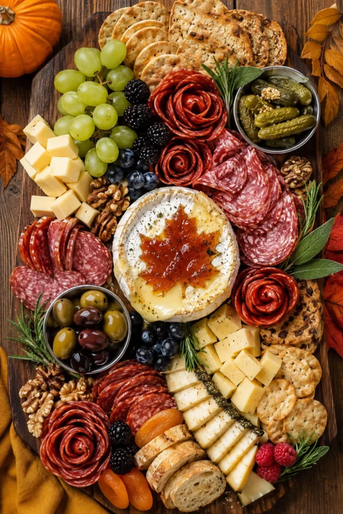 Autumn charcuterie board with cured meats, cheeses, crackers, grapes, olives, pickles, walnuts, and fresh herbs arranged on dark wood with decorative pumpkins and fall leaves