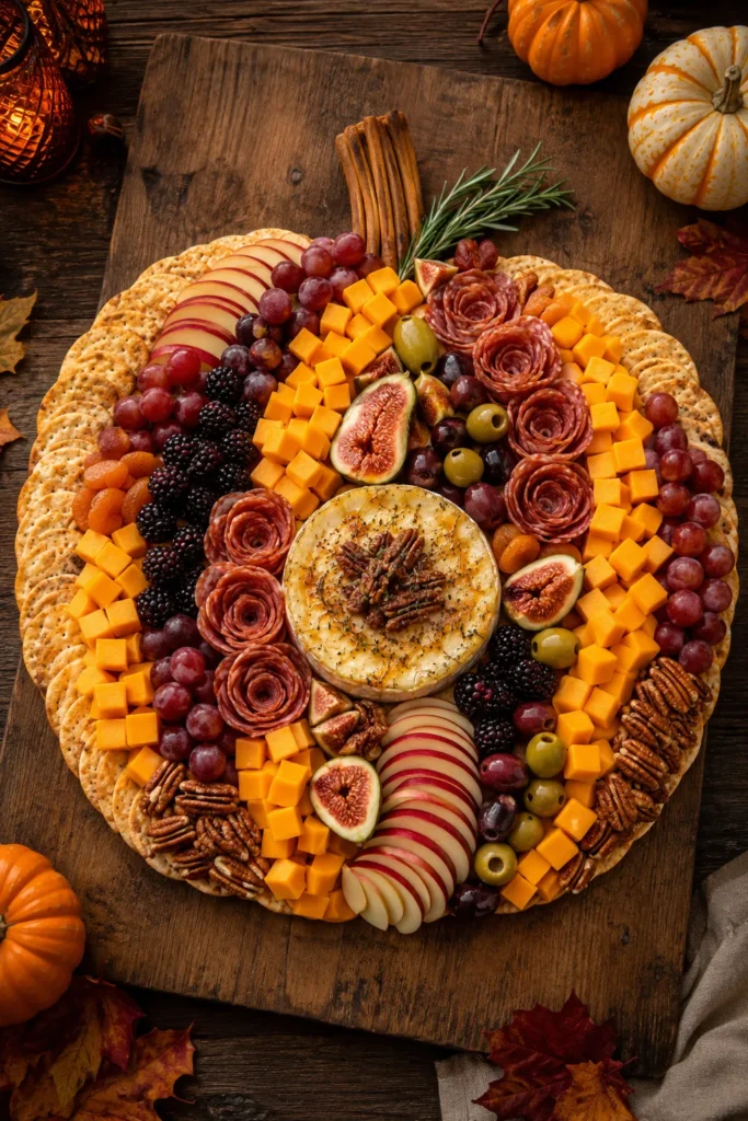 Autumn charcuterie board on wooden cutting board featuring cheese dip center, prosciutto roses, grapes, figs, pecans, apple slices, olives, and rosemary sprigs surrounded by small pumpkins