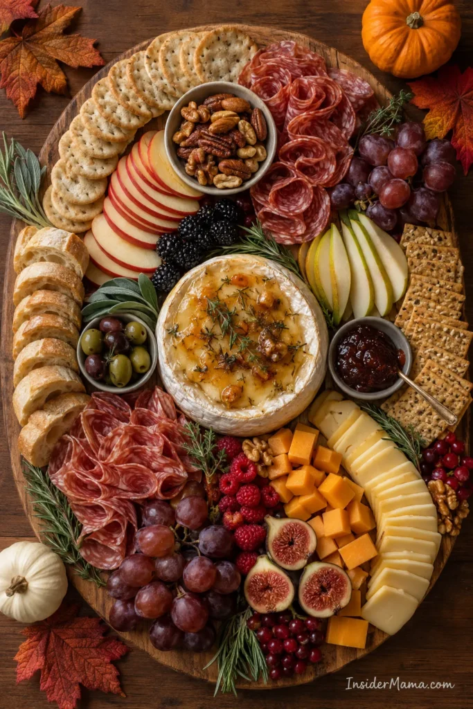 Autumn charcuterie board with cured meats, cheeses, crackers, fresh fruit, nuts, and baked brie surrounded by fall leaves and small pumpkins on dark wood