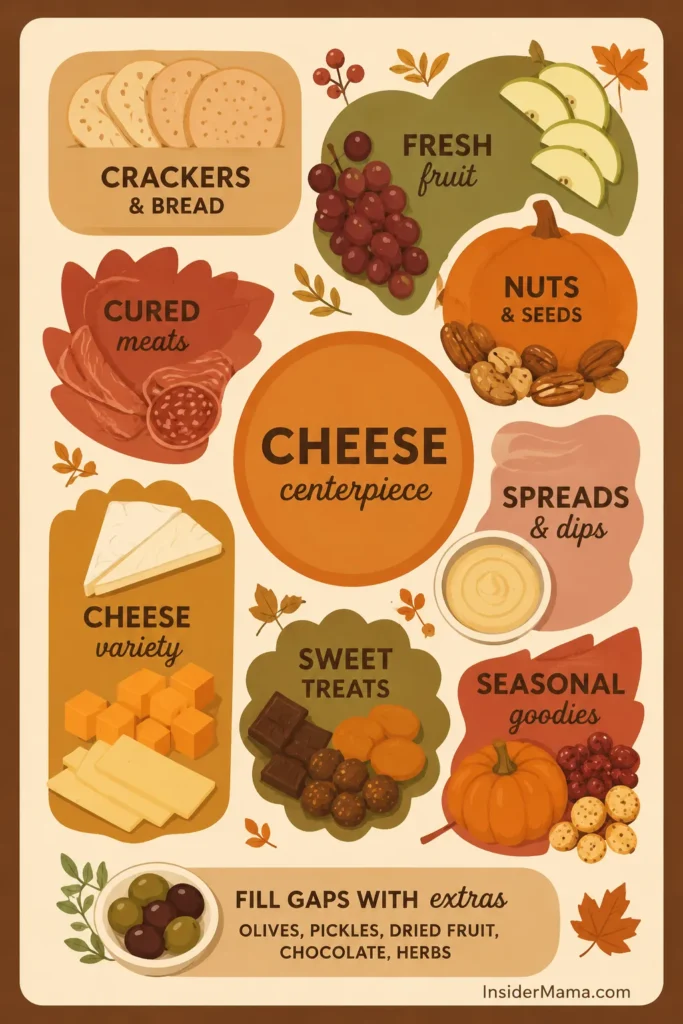 Infographic showing fall charcuterie board layout with labeled sections for crackers, fresh grapes, cured meats, cheese centerpiece, nuts, spreads, cheese variety, sweet treats, and seasonal items like pumpkins and cranberries