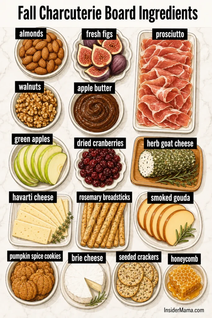 Fall charcuterie board with almonds, fresh figs, prosciutto, walnuts, apple butter, green apples, dried cranberries, herb goat cheese, havarti cheese, rosemary breadsticks, smoked gouda, pumpkin spice cookies, brie cheese, seeded crackers, and honeycomb