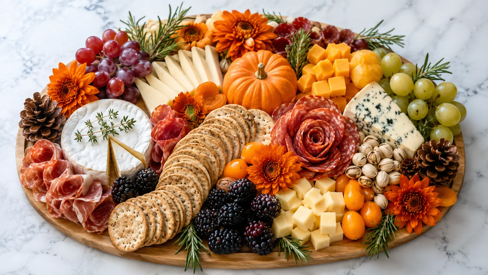 Autumn charcuterie board with prosciutto, brie, blue cheese, crackers, fresh berries, grapes, dried fruits, nuts, and orange gerbera daisies on marble background