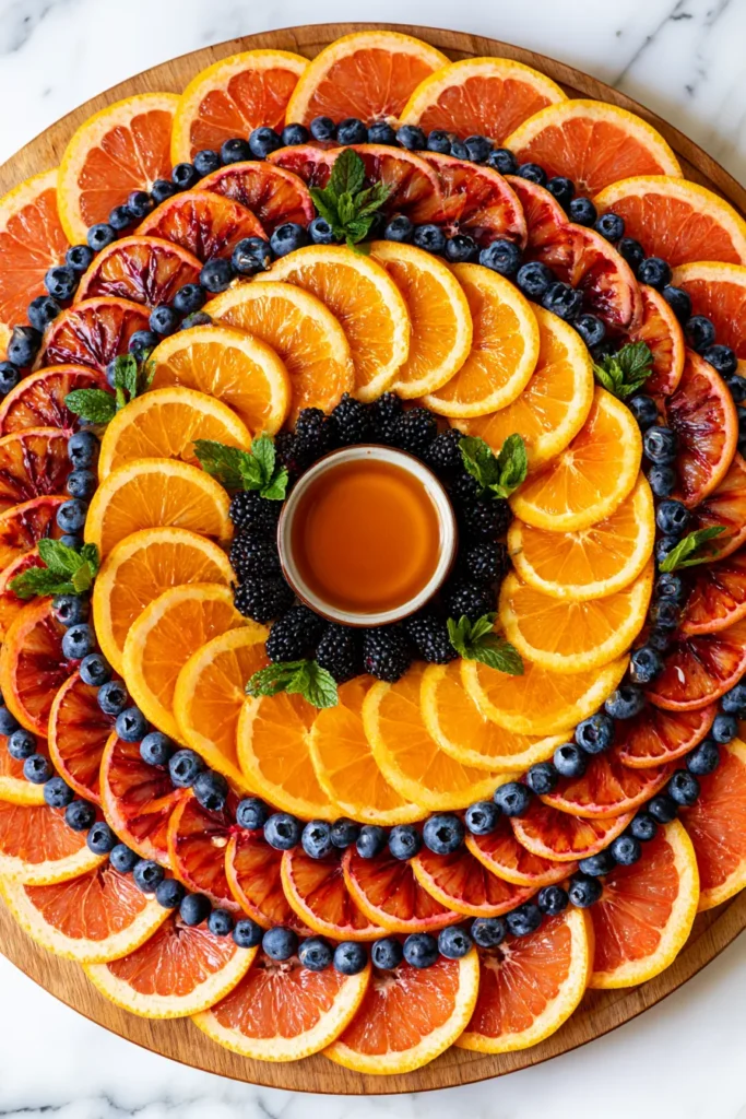 Colorful concentric rings of grapefruit, orange, and blood orange slices with blueberries and blackberries arranged around a caramel dipping sauce on a wooden board