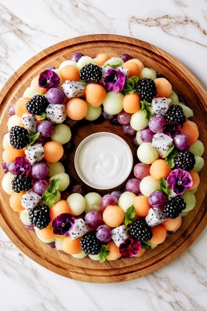 Colorful fruit platter arranged in a wreath shape on wooden board with blackberries, dragon fruit, melon balls, grapes, and purple pansies surrounding a white yogurt dip