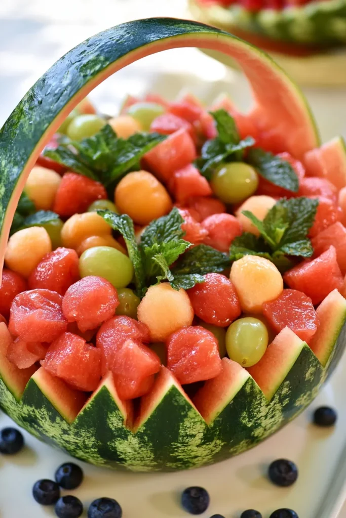 Hollowed watermelon filled with melon balls, grapes, and mint, with a decorative handle carved from the rind