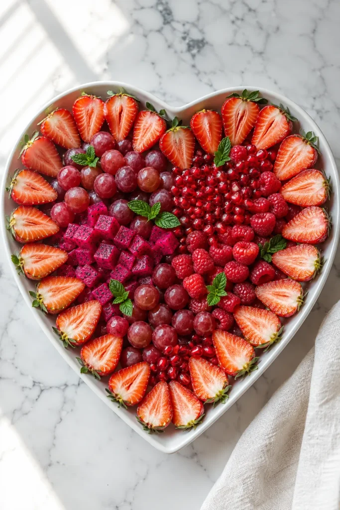 Heart-shaped fruit platter with sliced strawberries around the border, red currants, raspberries, grapes, and magenta dragon fruit cubes arranged in concentric sections on marble surface