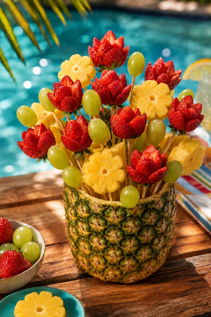 Colorful fruit kabobs arranged in a pineapple with raspberries, pineapple rings, and green grapes by a poolside