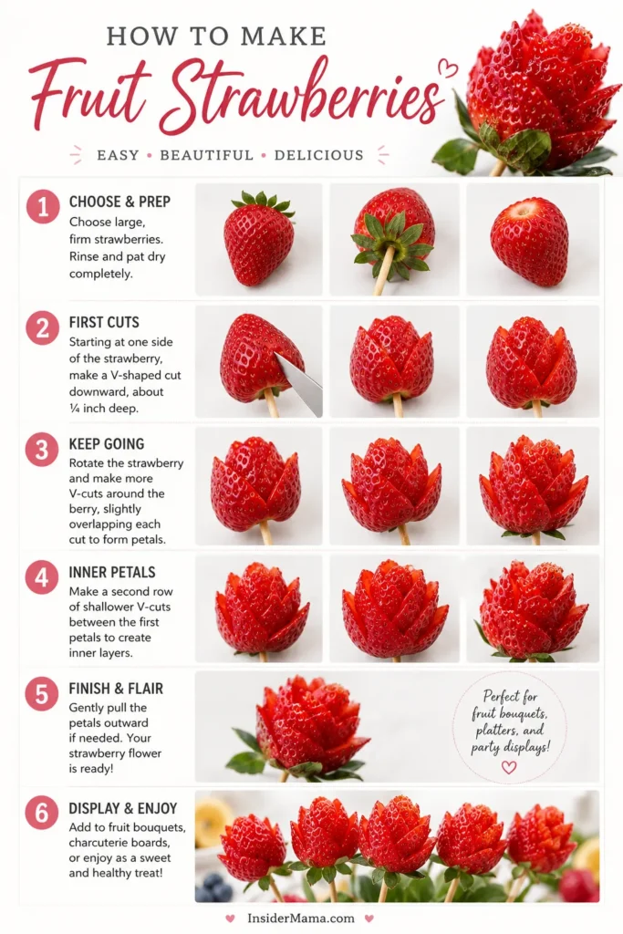 Step-by-step guide showing how to carve strawberries into decorative flower shapes using V-cuts, from whole berries through final bloomed petals