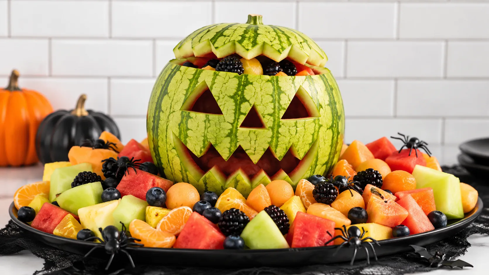 Carved watermelon jack-o'-lantern filled with fruit surrounded by colorful melon, berries, and citrus on a black platter with plastic spiders