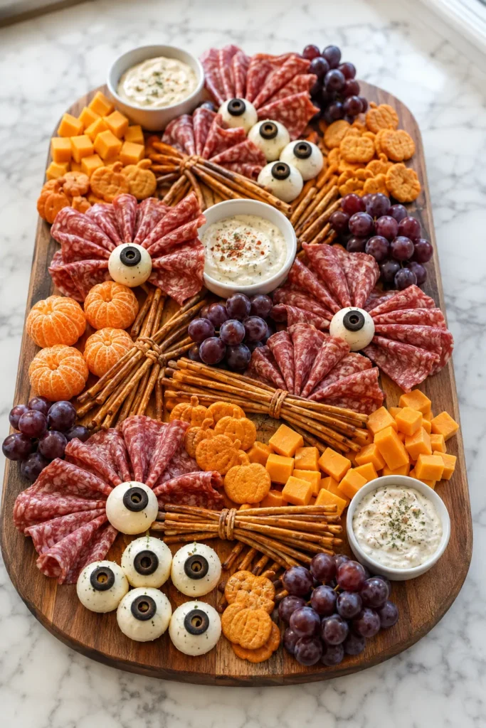 Halloween charcuterie board shaped like a mummy with salami, cheese, crackers, grapes, and dips on marble surface