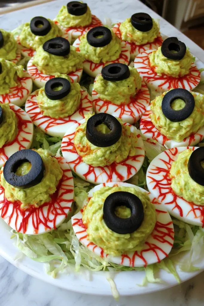 Halloween monster eyes made with guacamole, deviled eggs, and black olives arranged on shredded lettuce