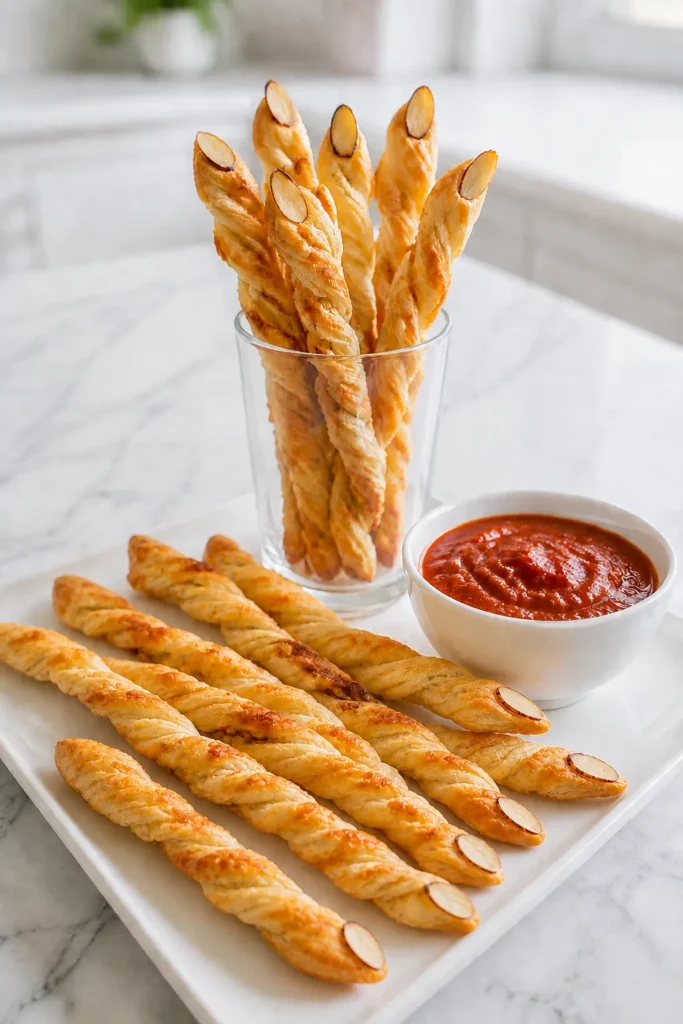 Golden almond breadsticks arranged on white plate with small bowl of red dipping sauce and glass of standing breadsticks