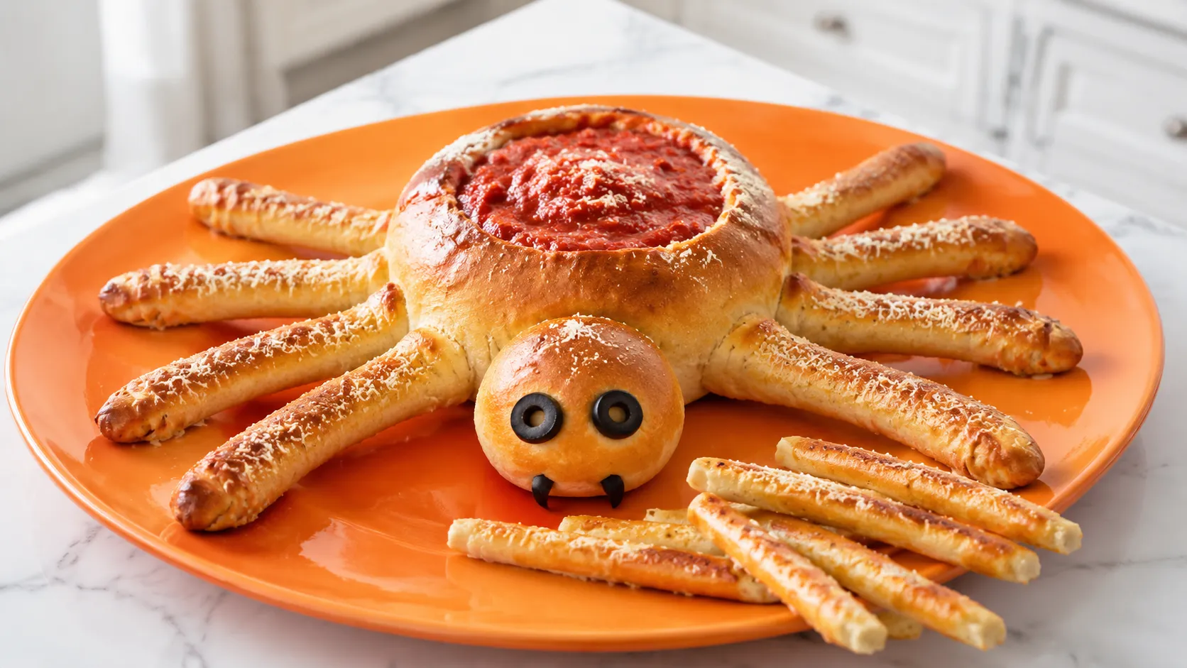 Octopus-shaped pizza roll with olive eyes on orange plate surrounded by breadstick legs, creative Halloween party food idea