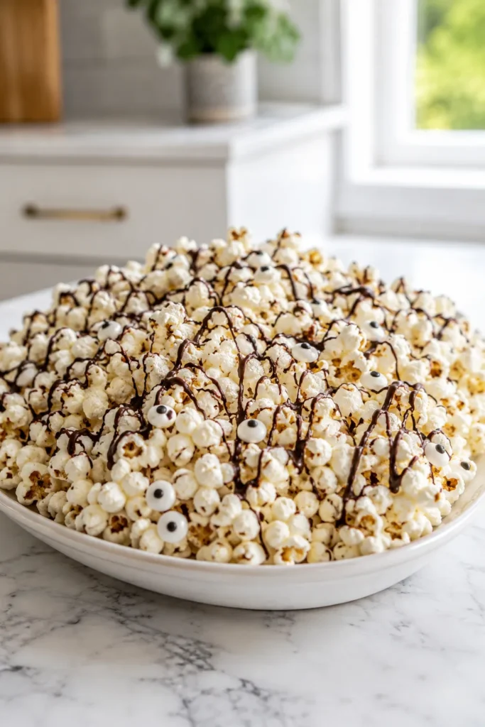 White bowl of popcorn drizzled with chocolate on marble counter, bright kitchen with window in background