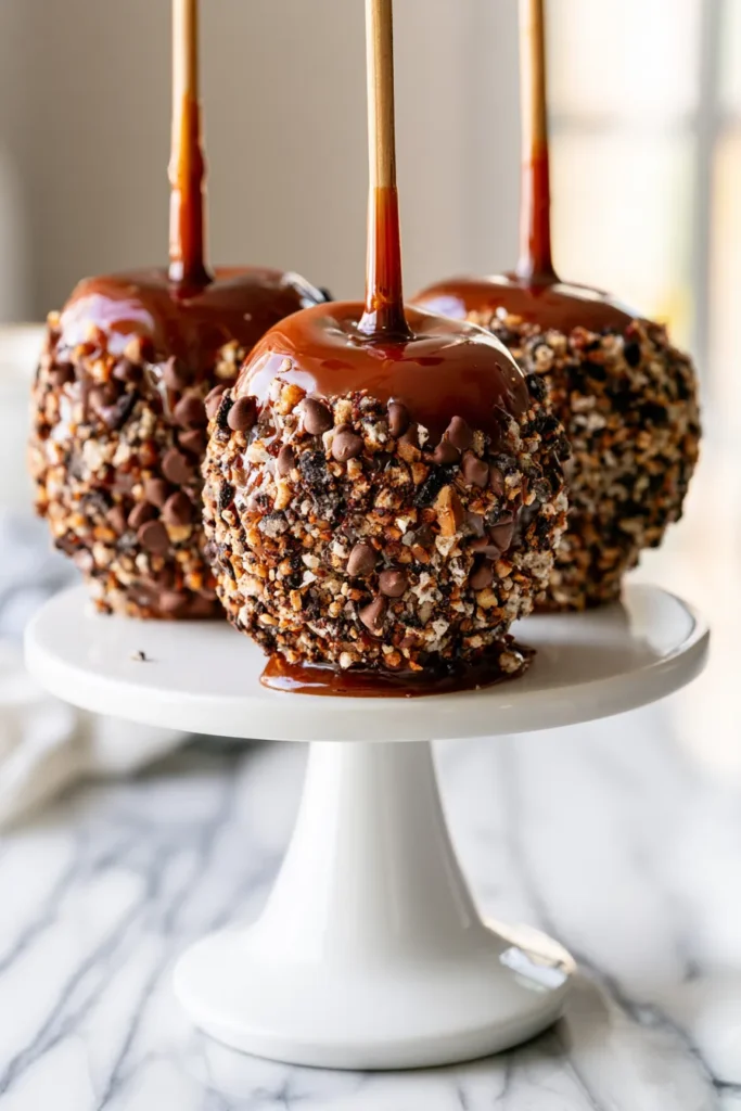 Chocolate caramel apples coated in crushed toffee bits on a white cake stand, with wooden sticks dripping caramel