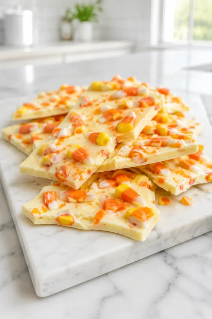 Stacked slices of creamy yellow fudge with orange and yellow candy corn pieces on white marble board in bright kitchen