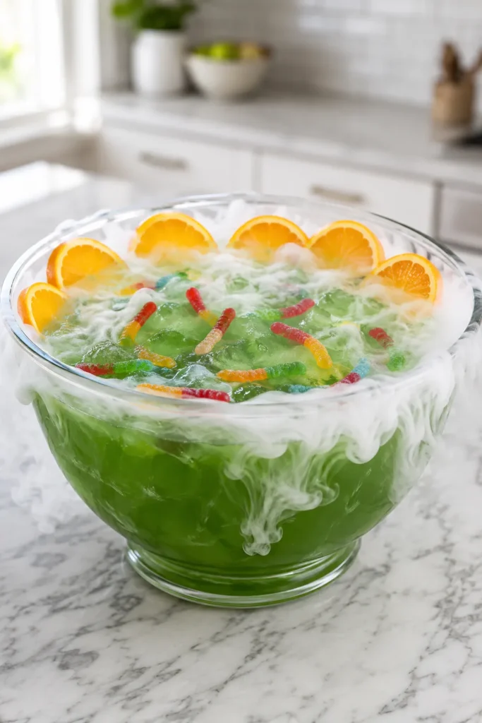 Glowing green punch bowl with white foam topping, gummy worms, and orange slice garnishes on marble countertop