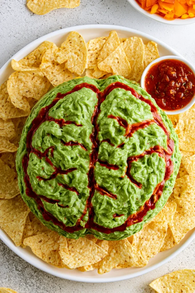 Brain-shaped guacamole dip with red salsa veins surrounded by tortilla chips on a white plate