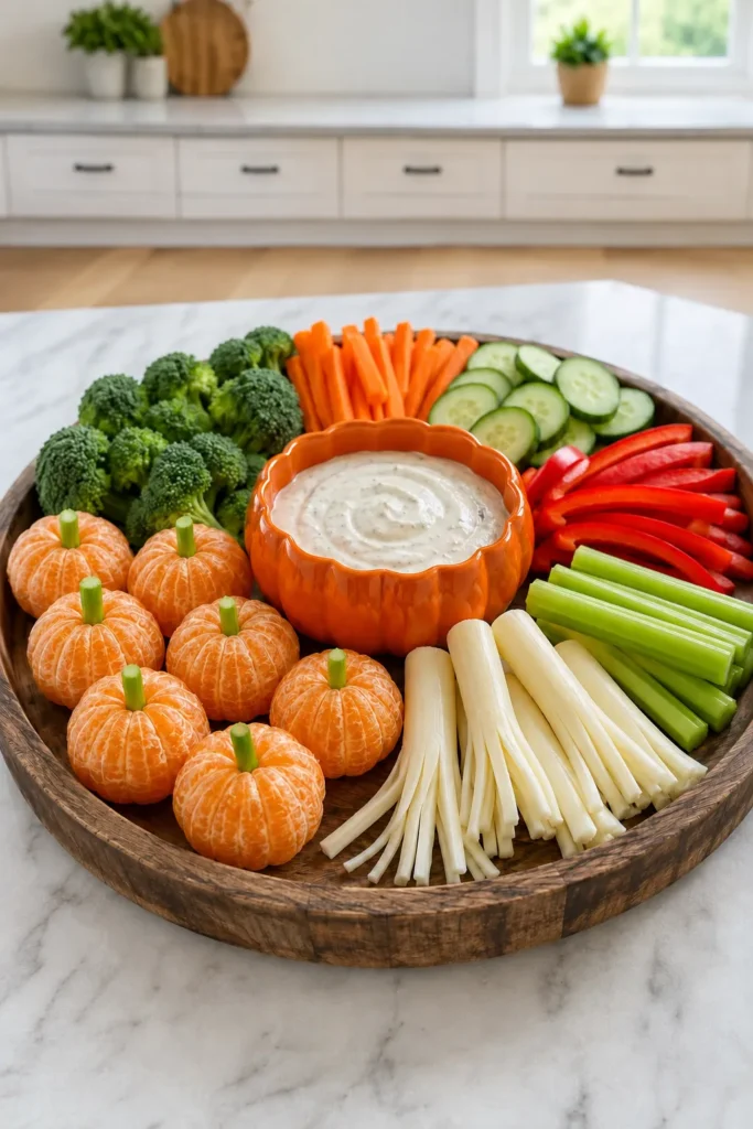 Wooden platter with mini pumpkins, broccoli, carrot sticks, cucumber slices, bell peppers, celery, and creamy dip in a pumpkin-shaped bowl on marble countertop