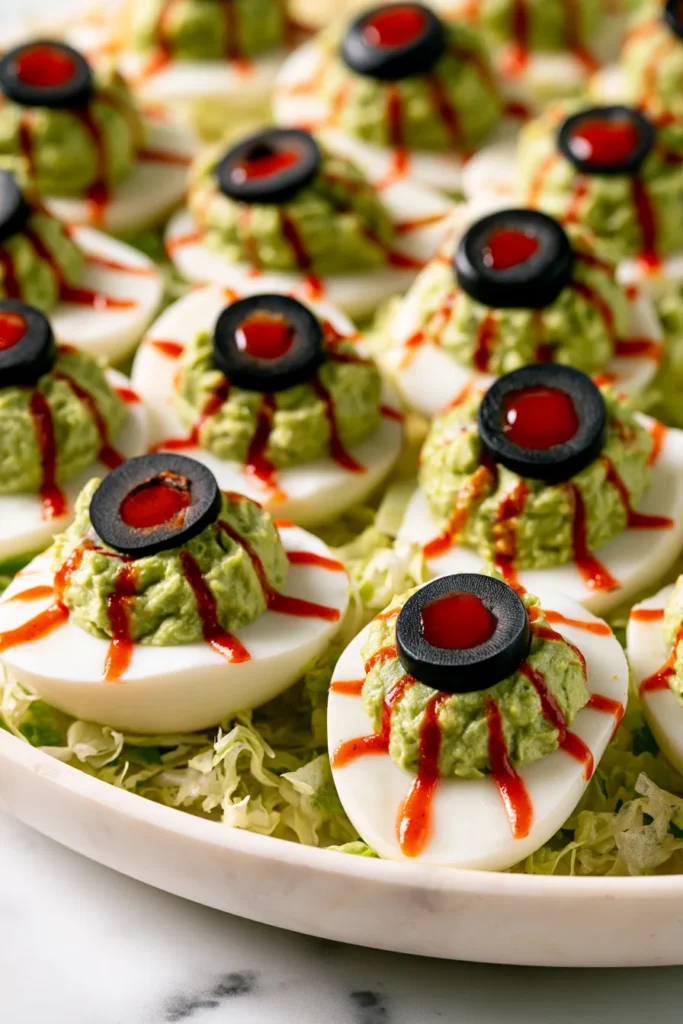 Deviled eggs decorated as spooky eyes with black olives and red sauce on a bed of lettuce for Halloween