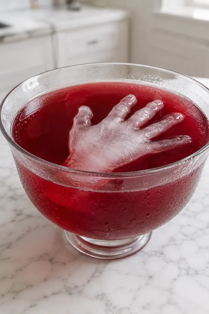 Severed hand ice mold submerged in red punch in a clear glass bowl on marble counter