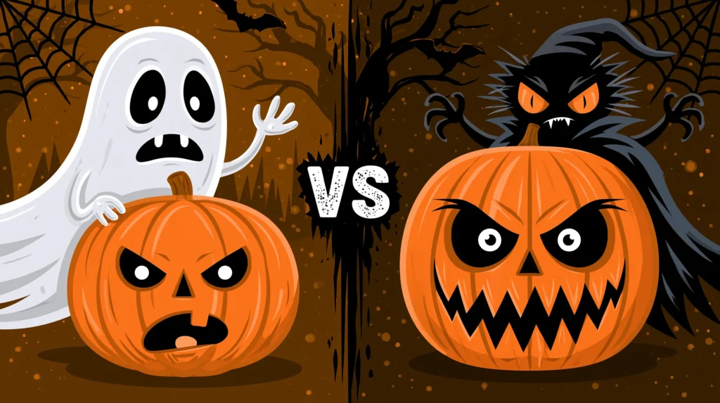 Ghost and angry jack-o'-lantern versus evil pumpkin creature with demon eyes in a "VS" Halloween matchup illustration