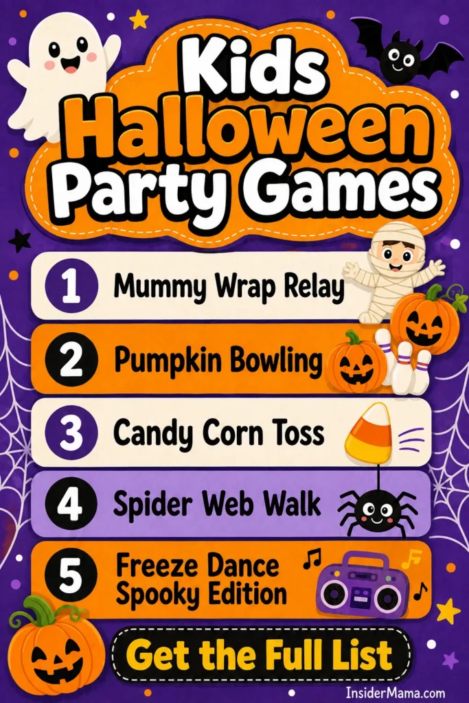 Colorful graphic listing five Halloween party games for kids including mummy wrap relay, pumpkin bowling, and candy corn toss on purple background with ghost, bat, pumpkin, and spider illustrations