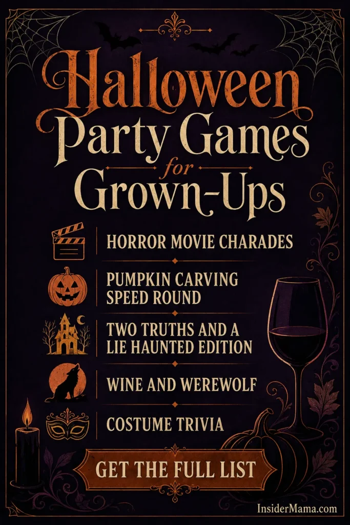 Dark elegant poster advertising Halloween party games for adults, featuring orange and gold text listing five game options with spooky icons including a jack-o'-lantern, haunted house, and wine glass on black background