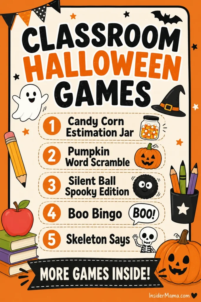 Colorful classroom Halloween games poster listing five activities including candy corn estimation, pumpkin word scramble, and boo bingo, decorated with pumpkins, ghost, witch hat, and fall icons on orange background