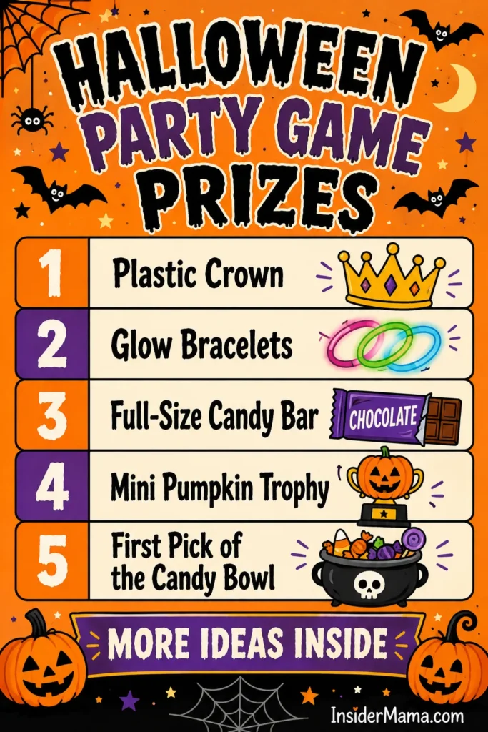 Colorful poster showing five numbered Halloween party game prizes on orange background with bats, spiders, and jack-o'-lanterns, including plastic crown, glow bracelets, candy bar, pumpkin trophy, and candy bowl