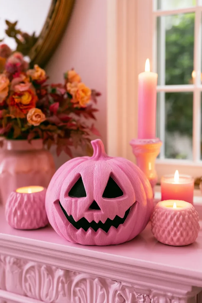 Pink jack-o'-lantern surrounded by lit candles and fall flowers on a windowsill with pink curtains