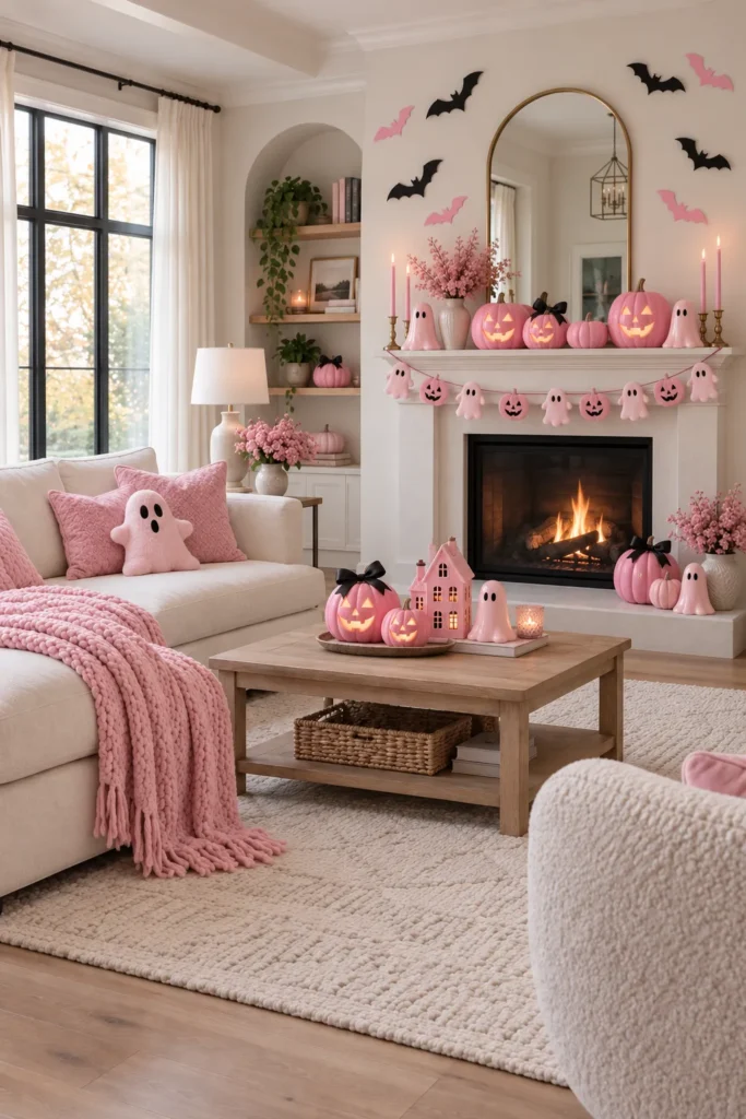 Cozy living room decorated with pink and black Halloween accents including jack-o'-lantern pumpkins, ghost garland, bat cutouts, and pink throw pillows arranged around a fireplace mantel