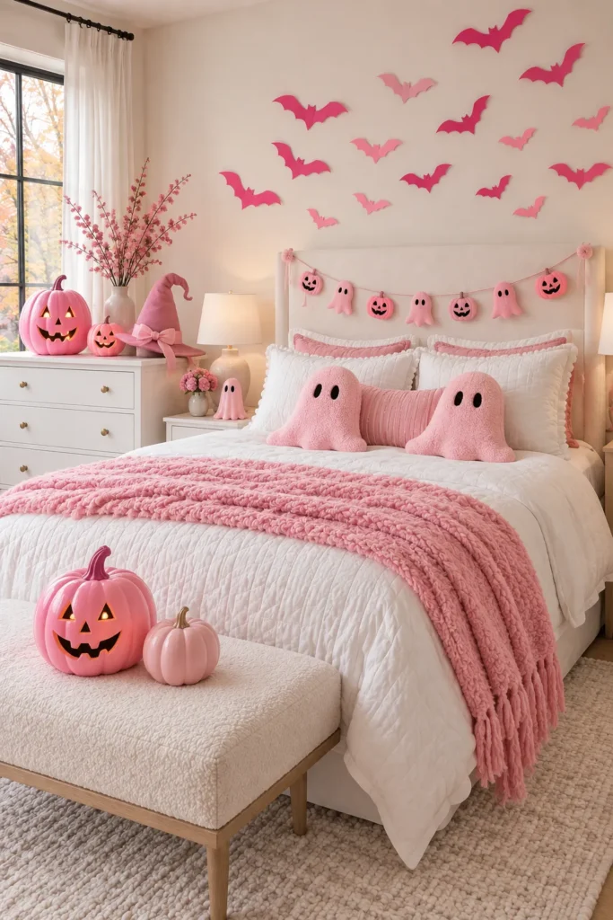 Pink Halloween bedroom with jack-o'-lantern pillows, bat wall decals, ghost garland, and jack-o'-lantern pumpkins on nightstand and bench