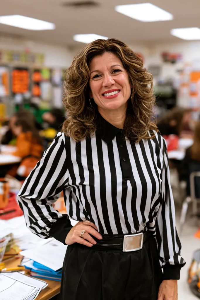 Woman wearing black and white striped blouse with black belt standing in a colorful classroom with students and materials in background