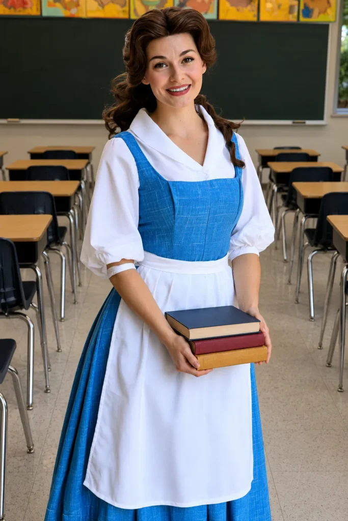 Woman in blue and white teacher dress holding a stack of colorful books, standing in an empty classroom with desks and a chalkboard