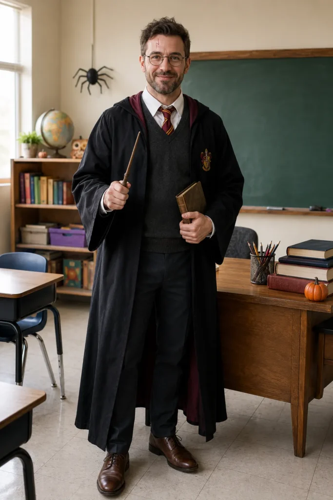 Teacher dressed as wizard in black robe and burgundy tie, holding wand and spell book in classroom with globe, blackboard, and desk