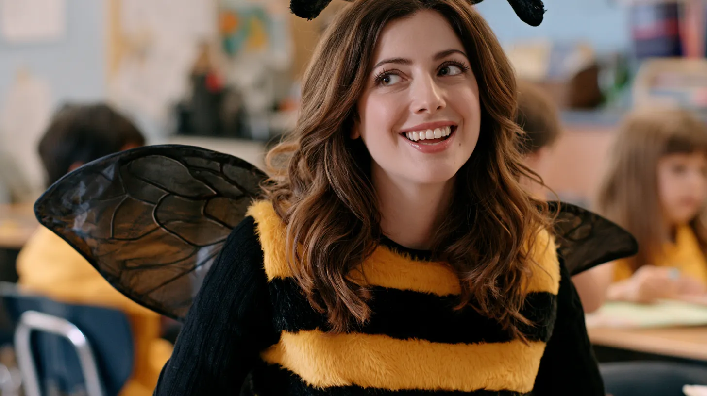 Woman smiling in a bee costume with black wings and yellow-striped shirt in a classroom setting